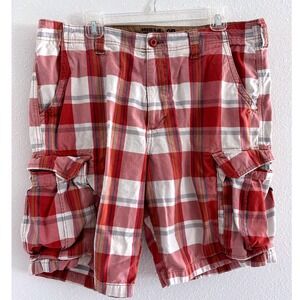 Vintage Old Navy Shorts Mens 36‎ Red Plaid Thick Cargo Y2K Preppy Baggy